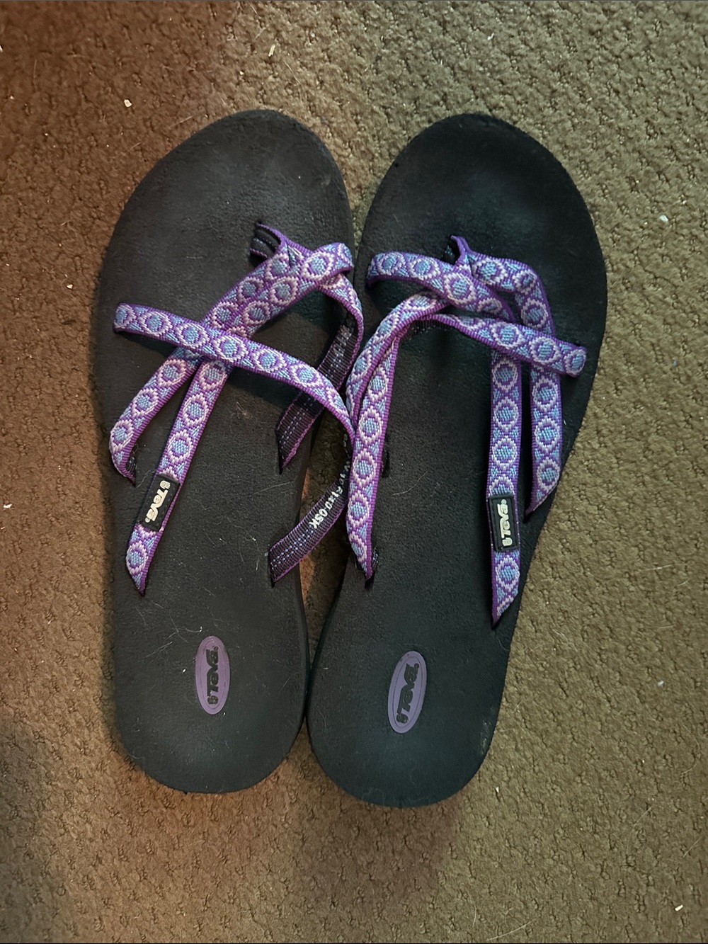 Teva Black Footbed Flip Sandals with Purple Patterned Straps